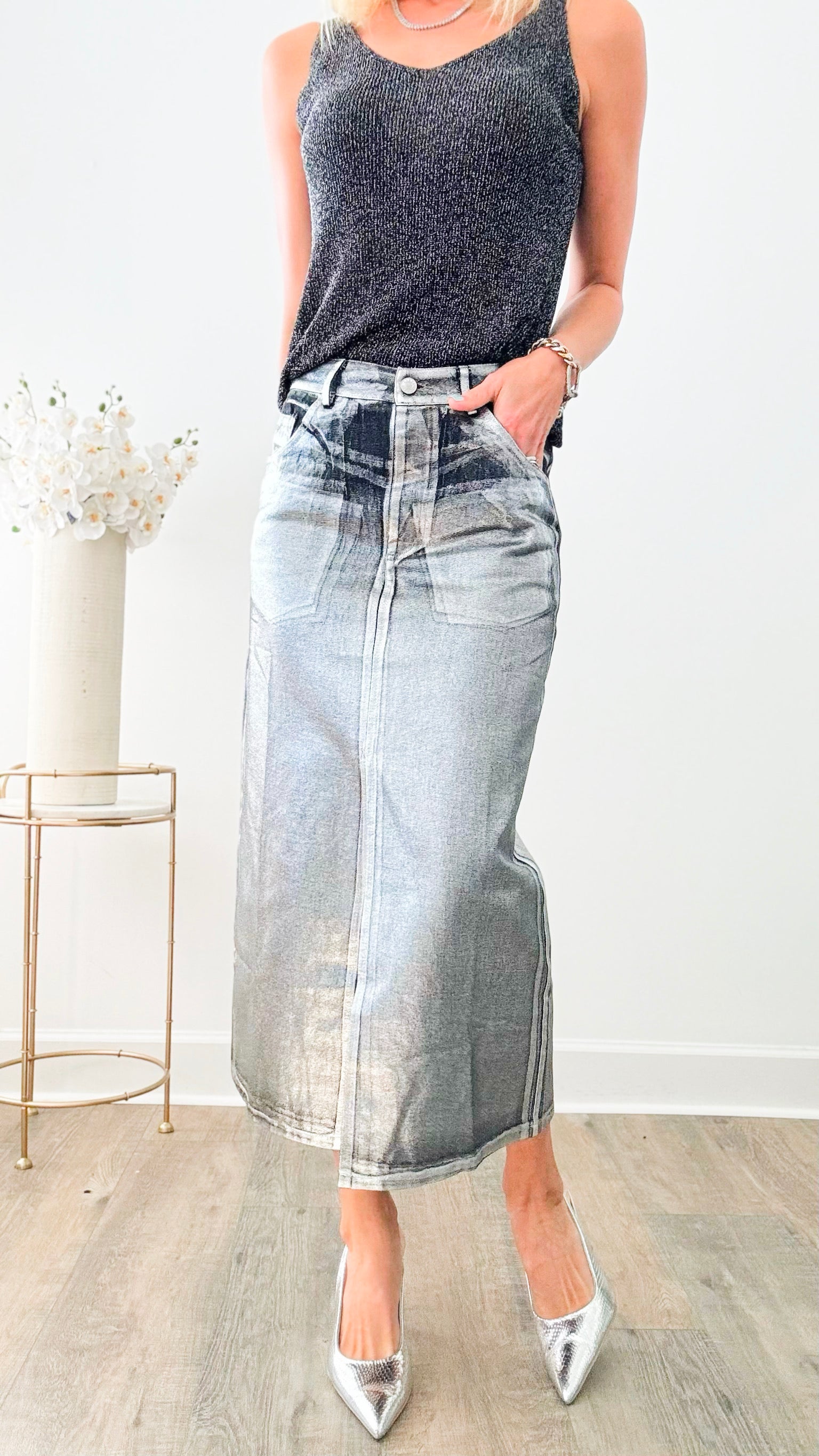 Midi Metallic Front Slit Skirt-Silver-170 Bottoms-Edit By Nine-Coastal Bloom Boutique, find the trendiest versions of the popular styles and looks Located in Indialantic, FL