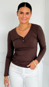 Button Me Up Ribbed Top - Brown-130 Long Sleeve Tops-YELETE-Coastal Bloom Boutique, find the trendiest versions of the popular styles and looks Located in Indialantic, FL
