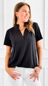 Relaxed Riviera Polo Top - Black-110 Short Sleeve Tops-Heimish-Coastal Bloom Boutique, find the trendiest versions of the popular styles and looks Located in Indialantic, FL