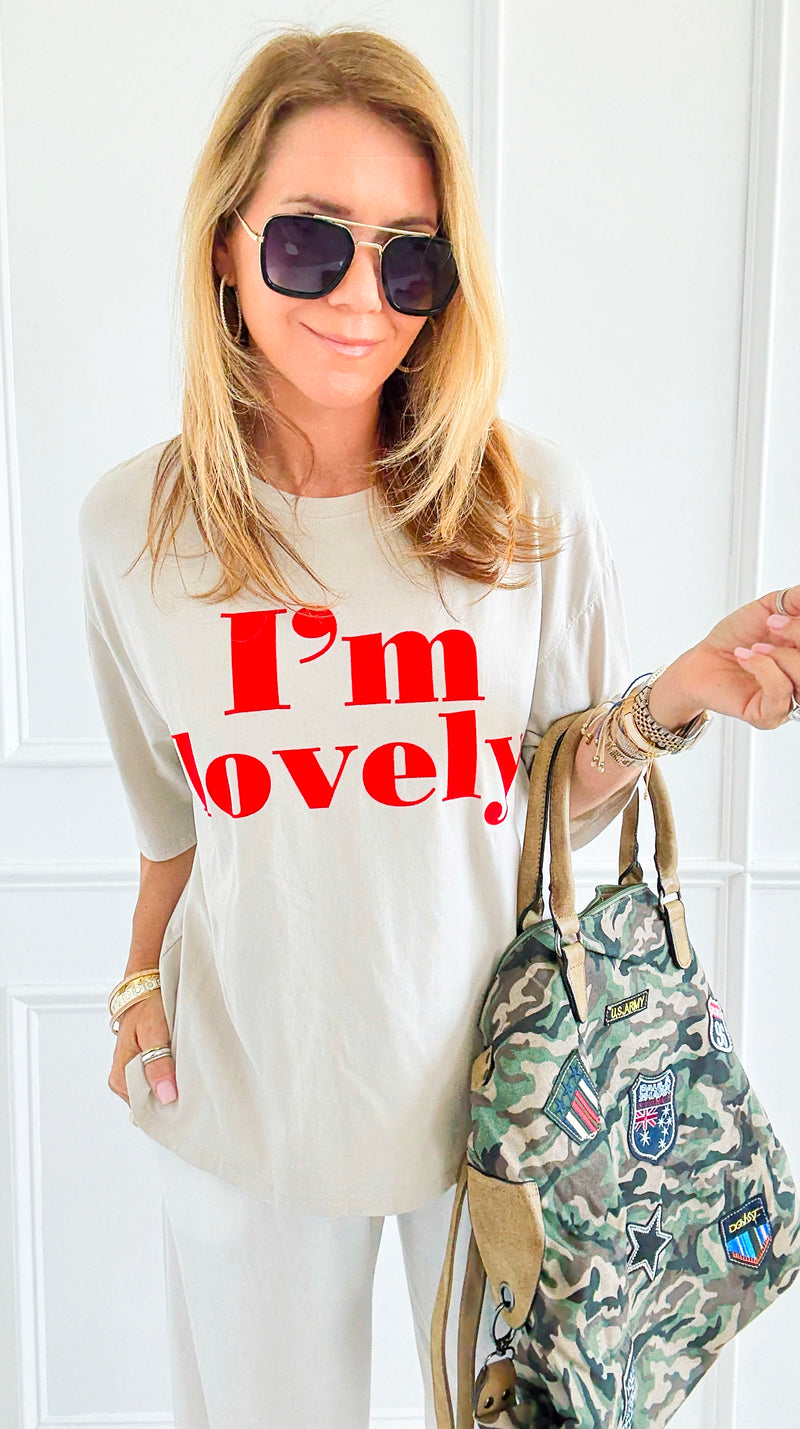 I'm Lovely Italian tee- Beige-110 short Sleeve Top-V SKY-Coastal Bloom Boutique, find the trendiest versions of the popular styles and looks Located in Indialantic, FL