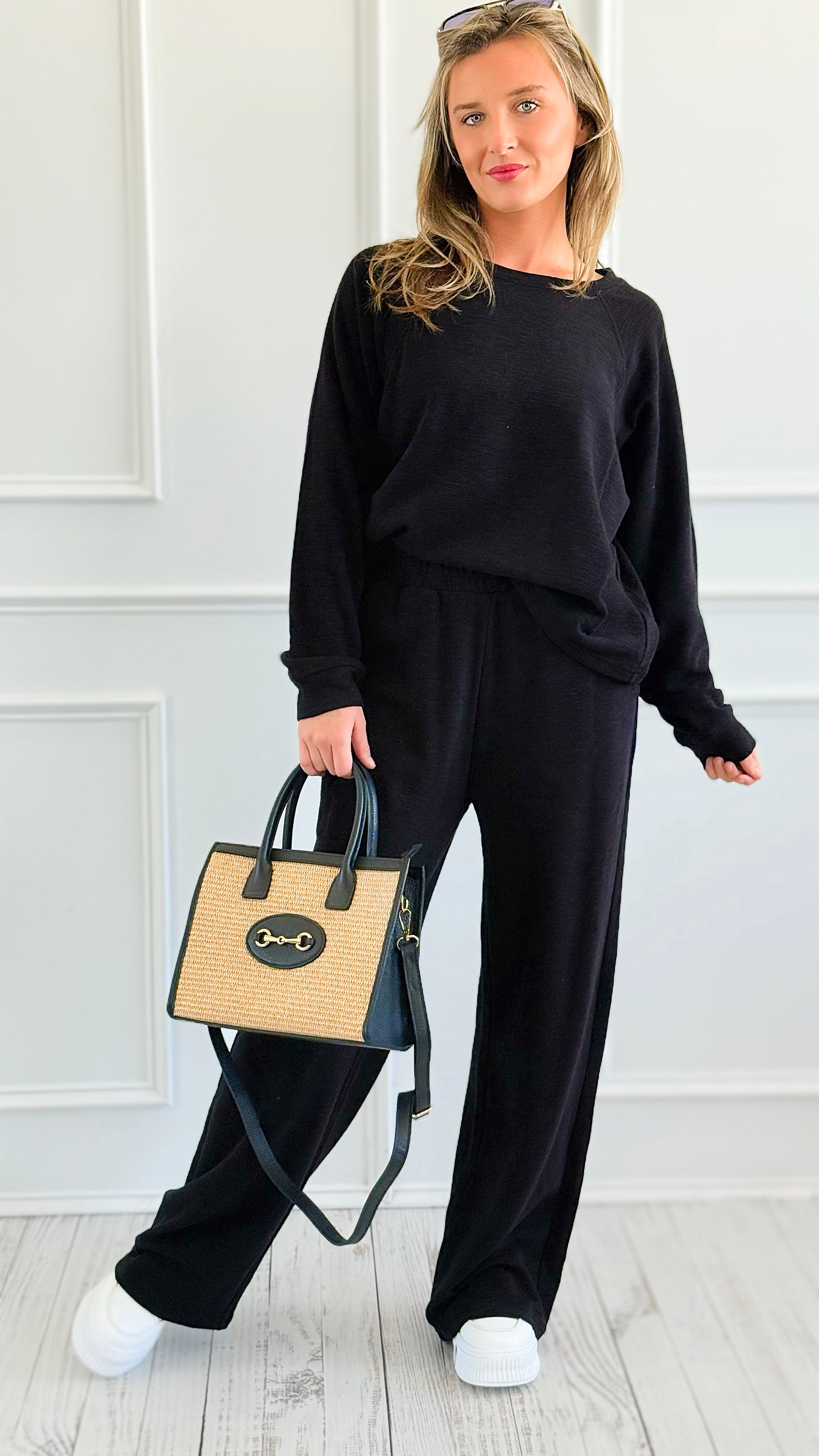 Relax Mode Long Sleeve Slub Knit Set -Black-210 Loungewear/Sets-Zenana-Coastal Bloom Boutique, find the trendiest versions of the popular styles and looks Located in Indialantic, FL