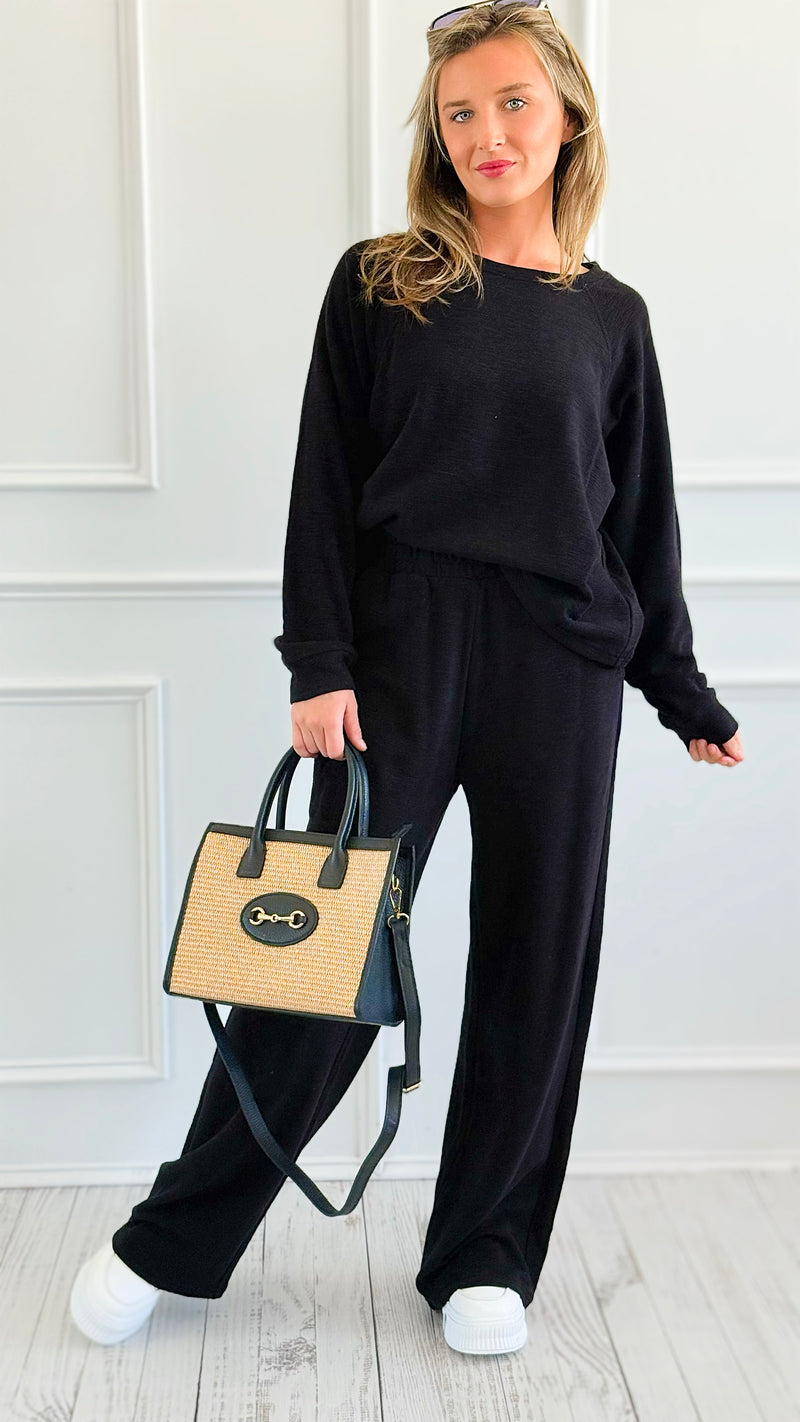 Relax Mode Long Sleeve Slub Knit Set -Black-210 Loungewear/Sets-Zenana-Coastal Bloom Boutique, find the trendiest versions of the popular styles and looks Located in Indialantic, FL