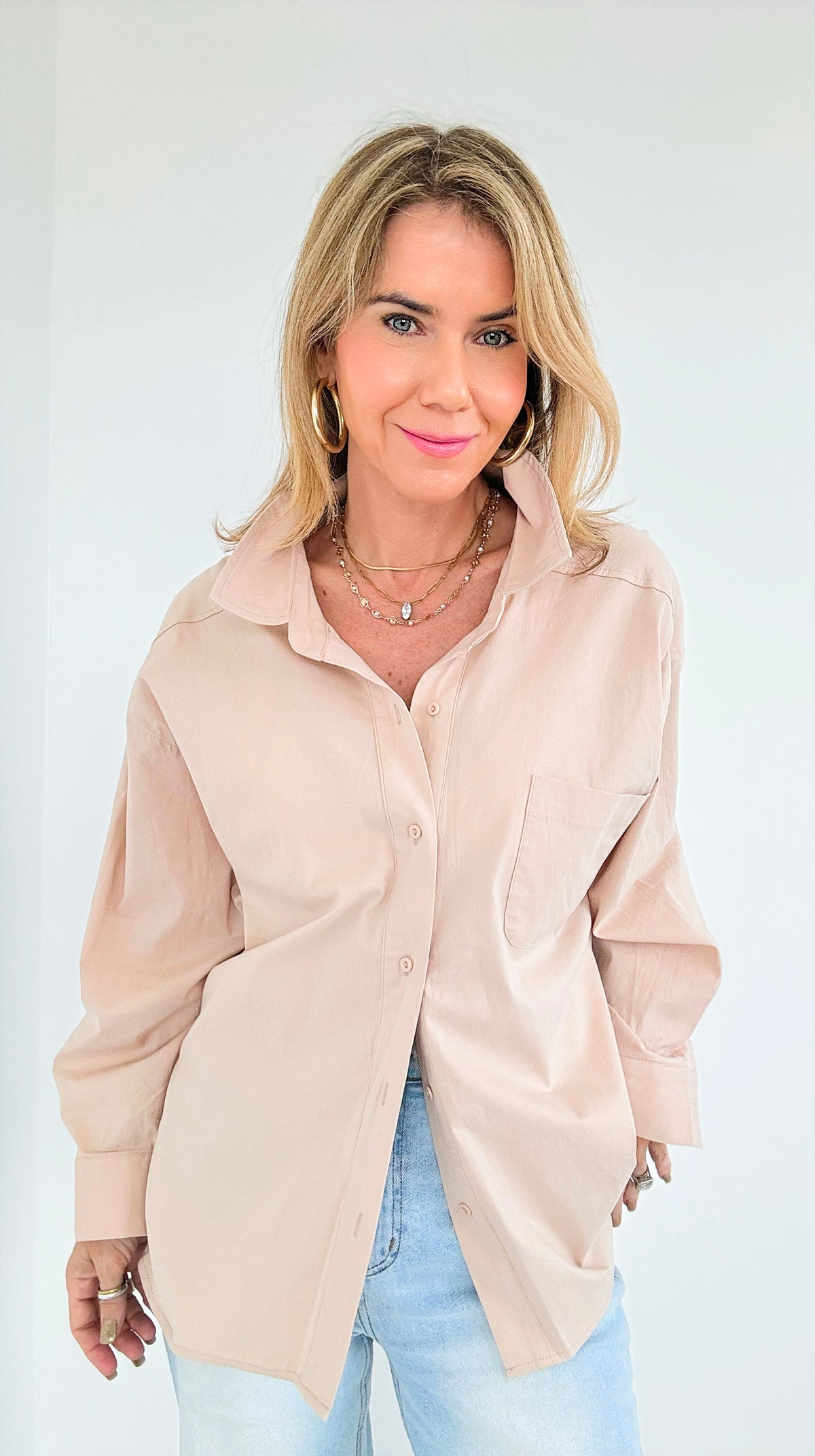 Chic Comfort Button-Down Blouse- Beige-130 Long Sleeve Tops-Hers & Mine-Coastal Bloom Boutique, find the trendiest versions of the popular styles and looks Located in Indialantic, FL