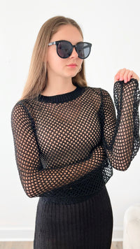 Metallic Knit Crop Top - Black-130 Long Sleeve Tops-MISS LOVE-Coastal Bloom Boutique, find the trendiest versions of the popular styles and looks Located in Indialantic, FL