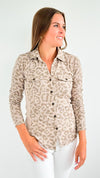 Leo Print Fitted Button-Up - Taupe-100 Sleeveless Tops-mystree-Coastal Bloom Boutique, find the trendiest versions of the popular styles and looks Located in Indialantic, FL