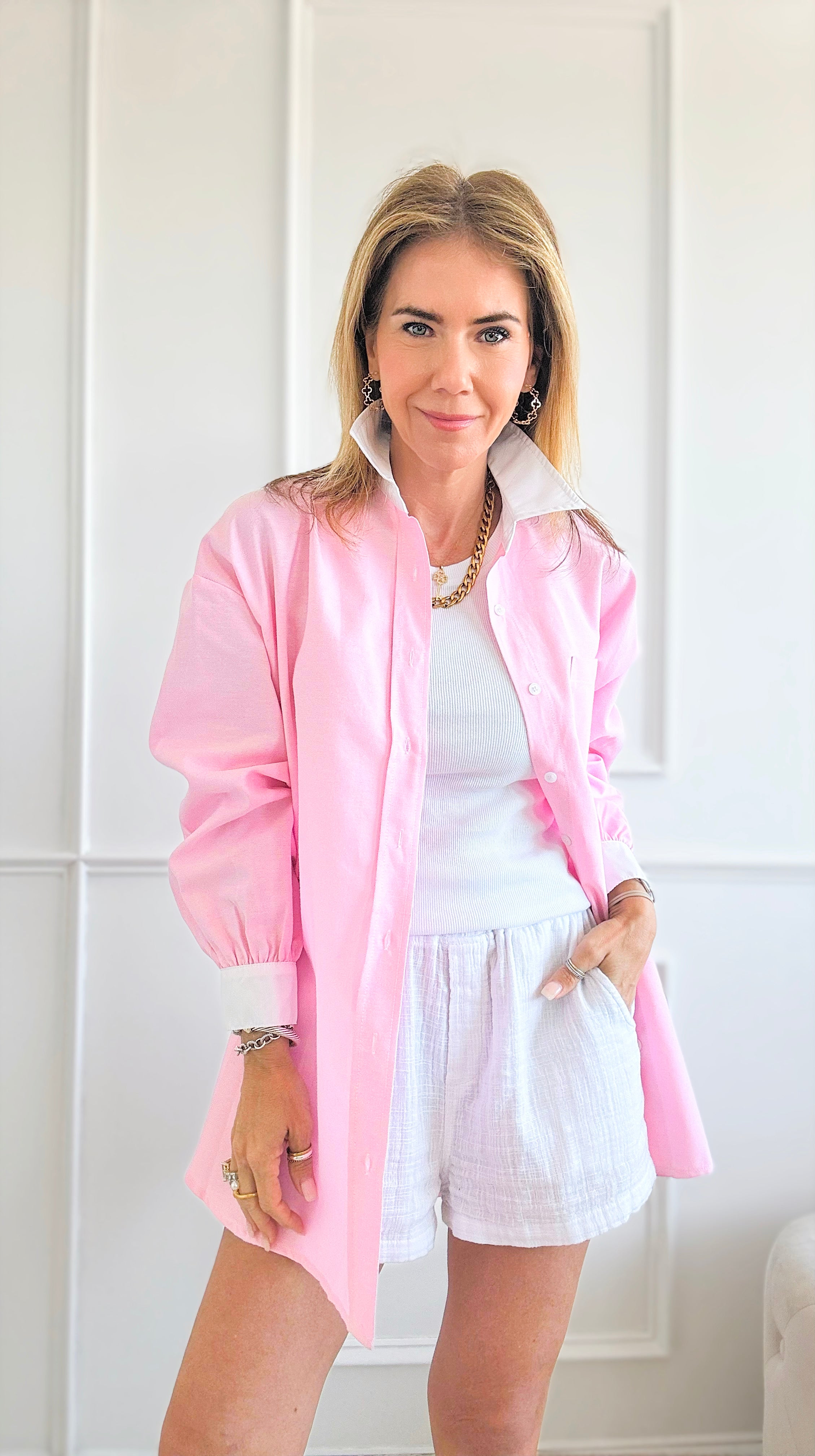 Contrast Button Up Shirt Blouse-Pink-130 Long Sleeve Tops-Rousseau-Coastal Bloom Boutique, find the trendiest versions of the popular styles and looks Located in Indialantic, FL