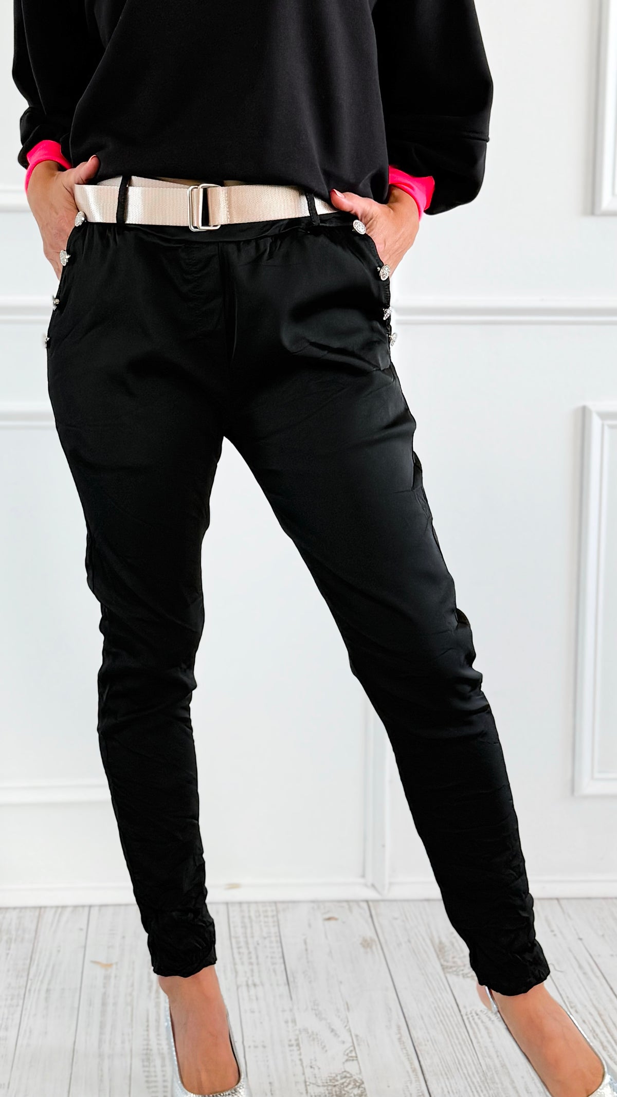 Chic Commander Belted Italian Joggers-180 Joggers-CRIS S.R.L.-Coastal Bloom Boutique, find the trendiest versions of the popular styles and looks Located in Indialantic, FL
