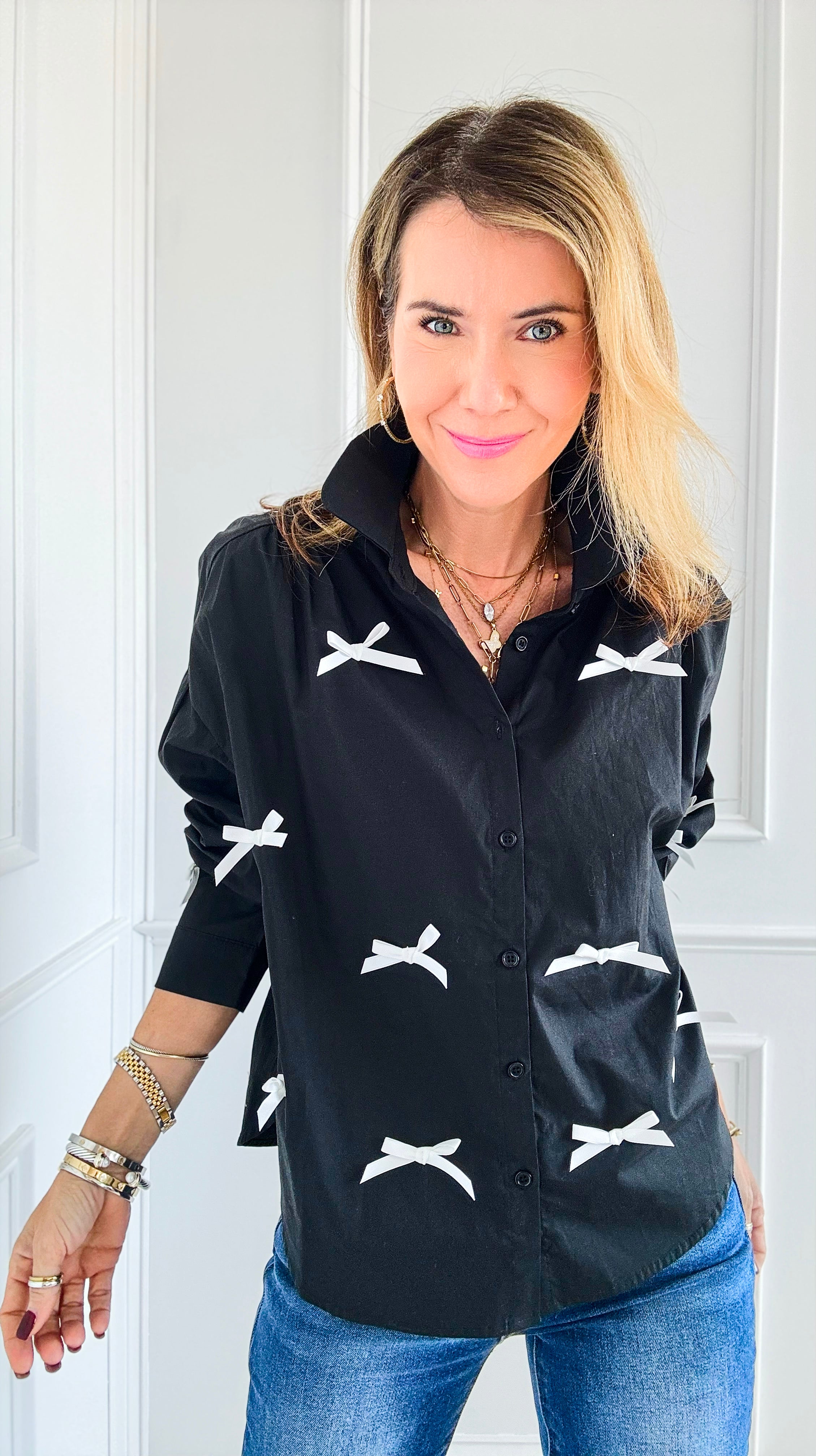 Bow-Tied Bliss Button-Up Top - Black-130 Long Sleeve Tops-JODIFL-Coastal Bloom Boutique, find the trendiest versions of the popular styles and looks Located in Indialantic, FL