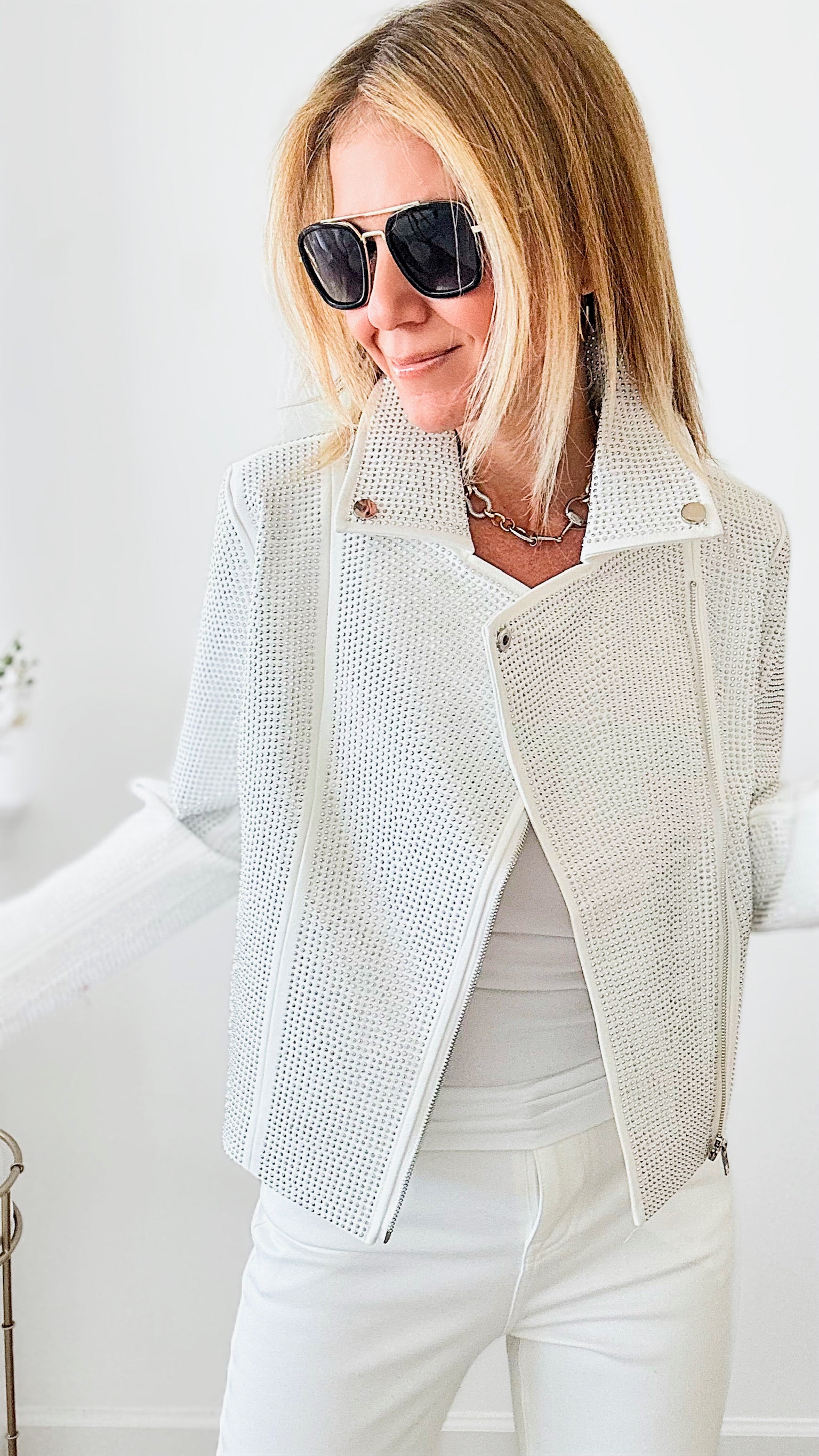 Crystal Studded Stretch Zip Up Moto Jacket - White-160 Jackets-Blue B-Coastal Bloom Boutique, find the trendiest versions of the popular styles and looks Located in Indialantic, FL