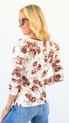 Floral Puff Sleeve Tie Neck Top-130 Long Sleeve Tops-DOE AND RAE-Coastal Bloom Boutique, find the trendiest versions of the popular styles and looks Located in Indialantic, FL