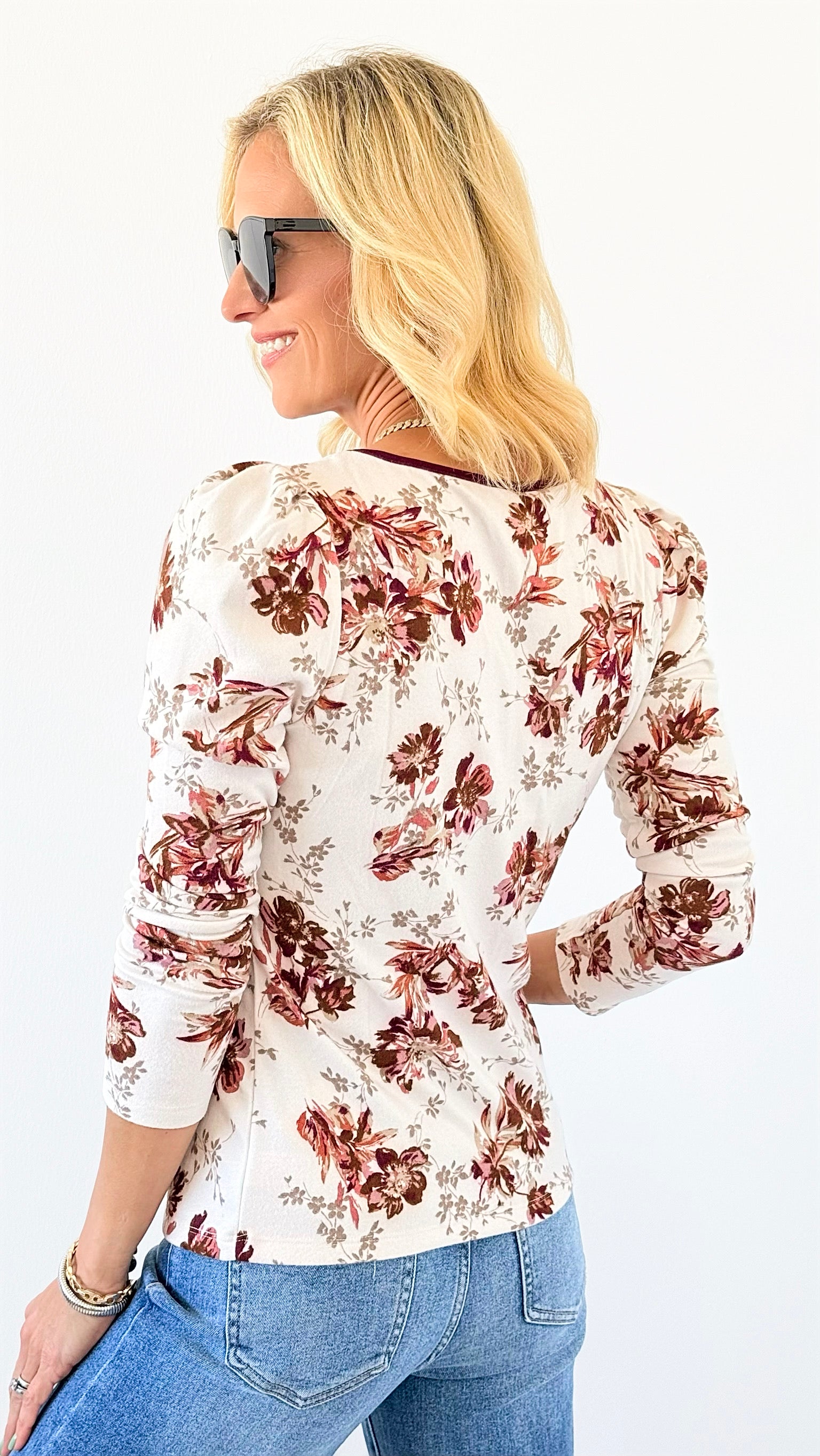 Floral Puff Sleeve Tie Neck Top-130 Long Sleeve Tops-DOE AND RAE-Coastal Bloom Boutique, find the trendiest versions of the popular styles and looks Located in Indialantic, FL