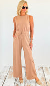 Sleeveless High-Rise Drawstring Wide Leg Jumpsuit-200 dresses/jumpsuits/rompers-BucketList-Coastal Bloom Boutique, find the trendiest versions of the popular styles and looks Located in Indialantic, FL