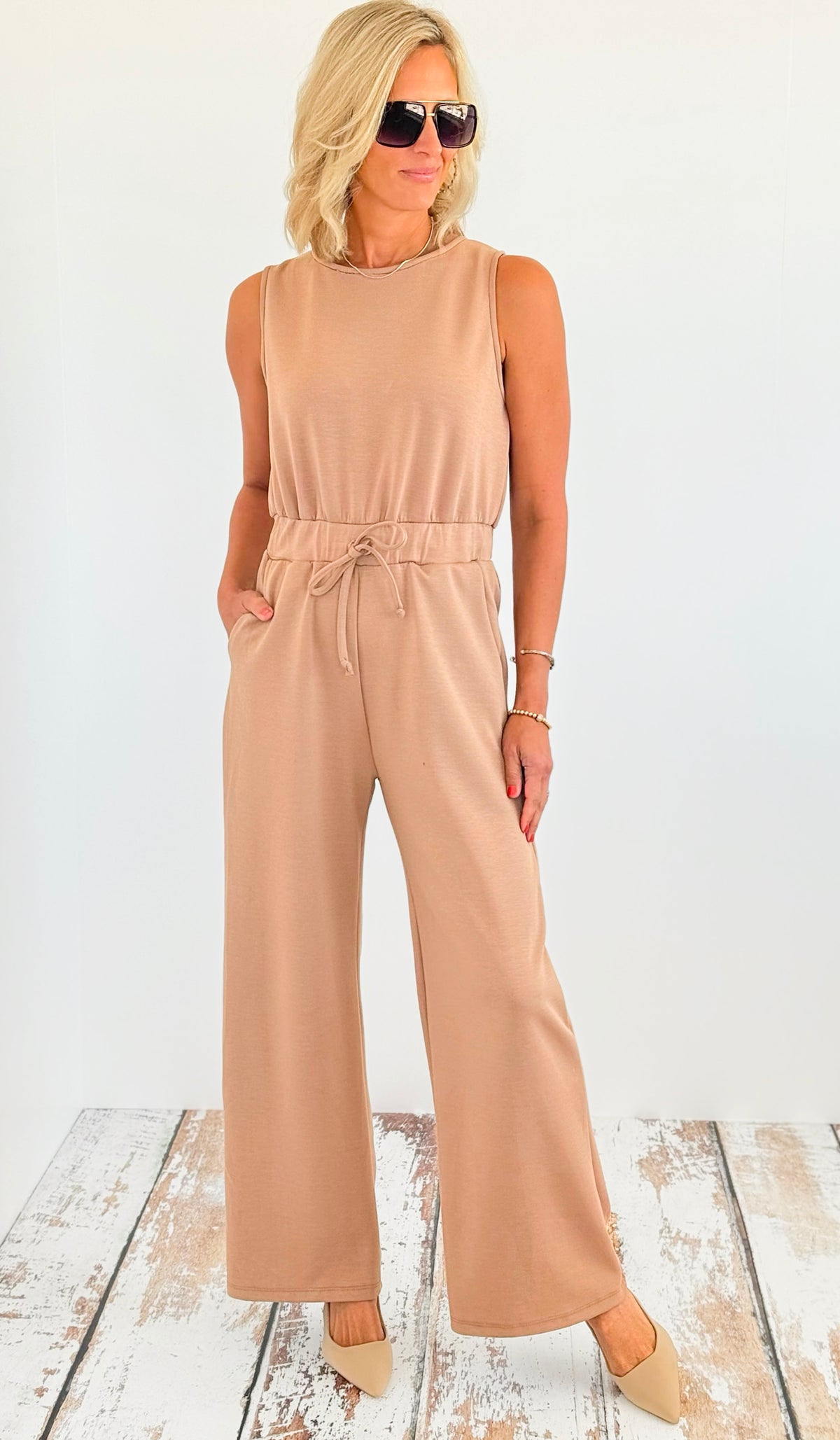 Sleeveless High-Rise Drawstring Wide Leg Jumpsuit-200 dresses/jumpsuits/rompers-BucketList-Coastal Bloom Boutique, find the trendiest versions of the popular styles and looks Located in Indialantic, FL