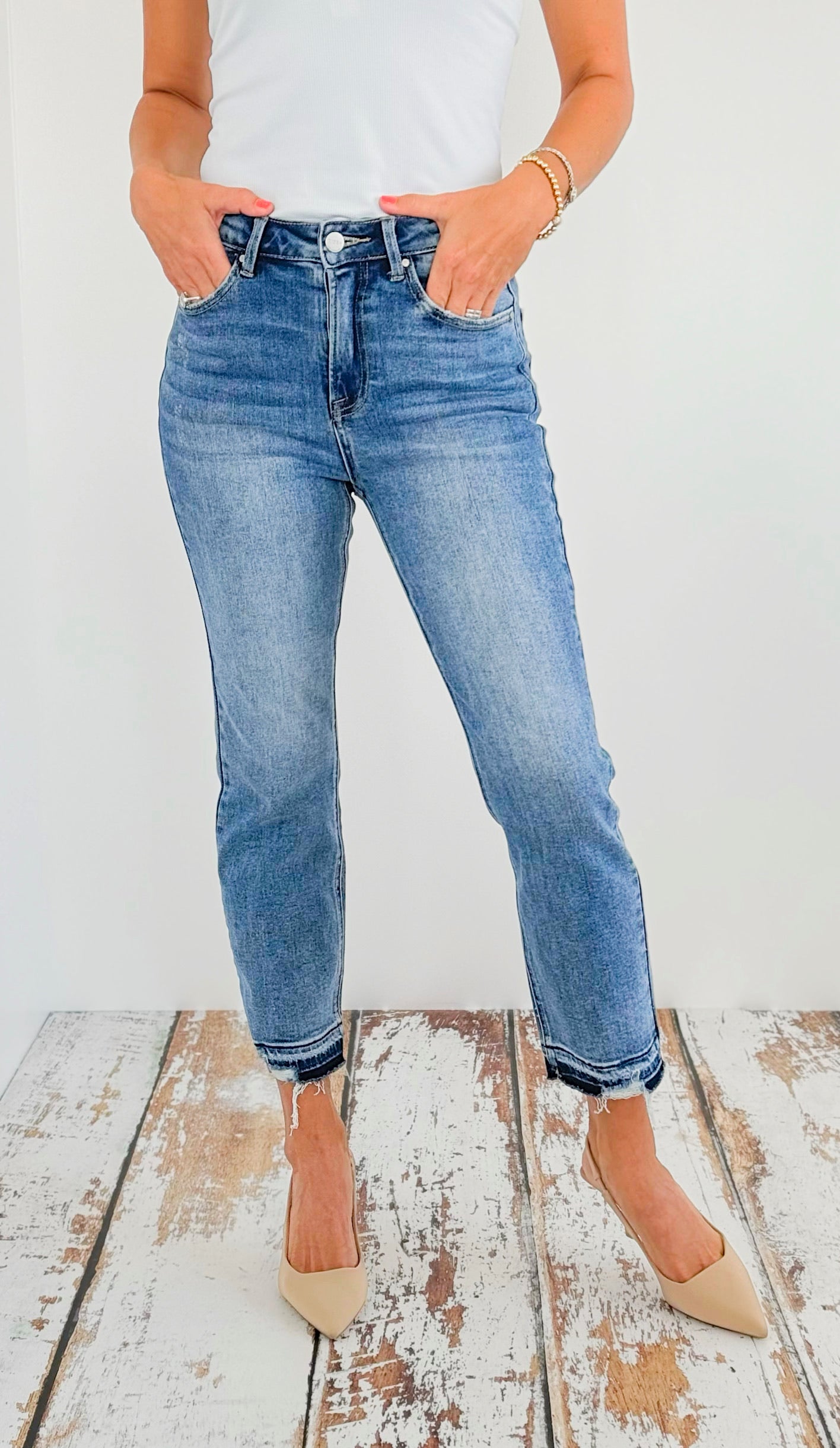 Distressed Raw Hem Denim Jeans-190 Denim-RISEN JEANS-Coastal Bloom Boutique, find the trendiest versions of the popular styles and looks Located in Indialantic, FL