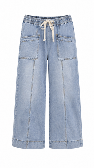 Patch Pocket High Waist Drawstring Wide Leg Jeans