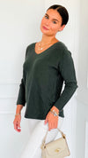 Soho Italian V-Neck Pullover - Army Green-140 Sweaters-Italianissimo-Coastal Bloom Boutique, find the trendiest versions of the popular styles and looks Located in Indialantic, FL