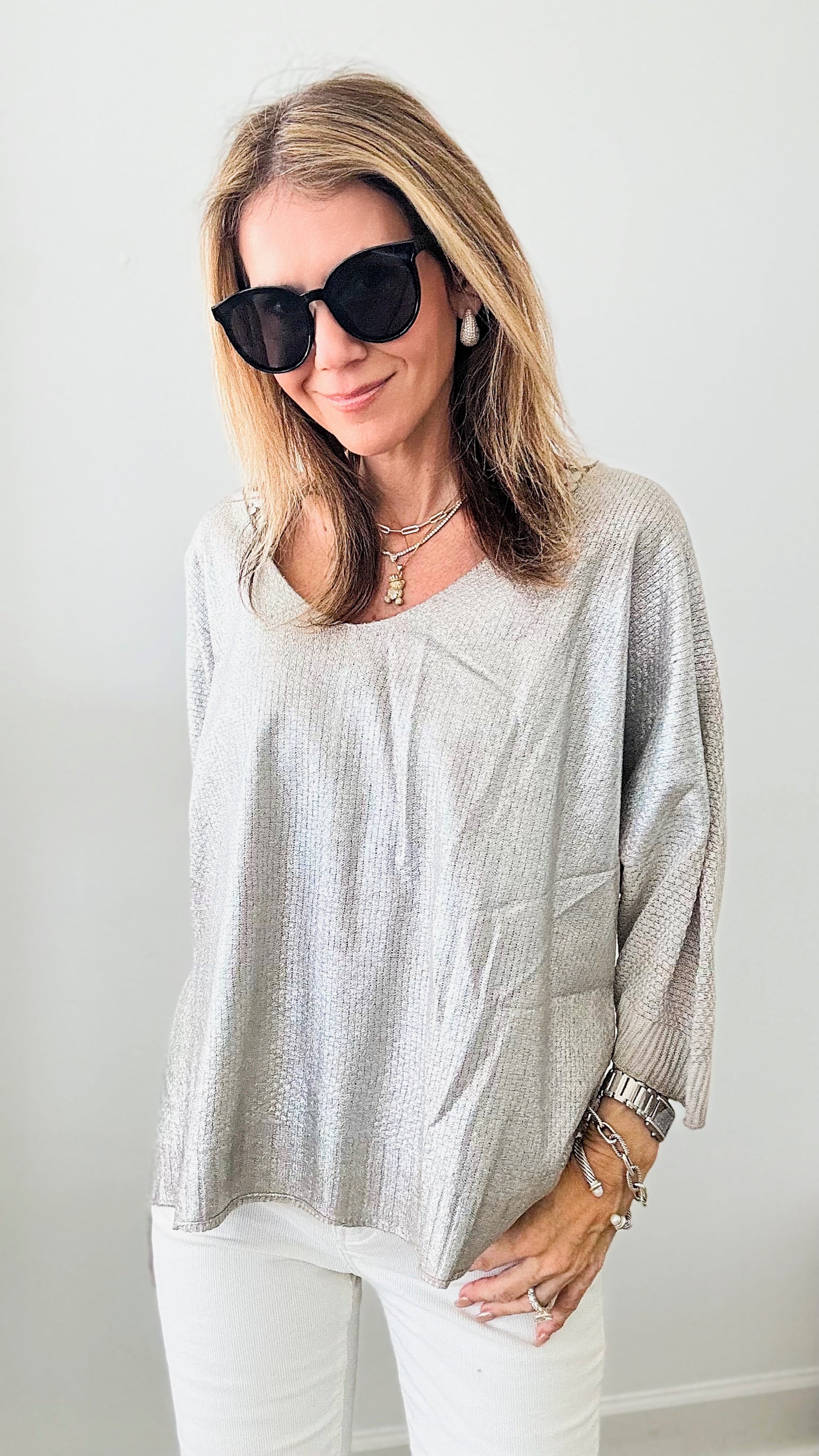 Beige Shimmer Front Italian Sweater-140 Sweaters-Look Mode-Coastal Bloom Boutique, find the trendiest versions of the popular styles and looks Located in Indialantic, FL