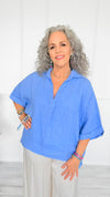 DAMAGED-Soft Days Linen Italian Button Top- Periwinkle-110 short Sleeve Top-PORCIENTO-Coastal Bloom Boutique, find the trendiest versions of the popular styles and looks Located in Indialantic, FL