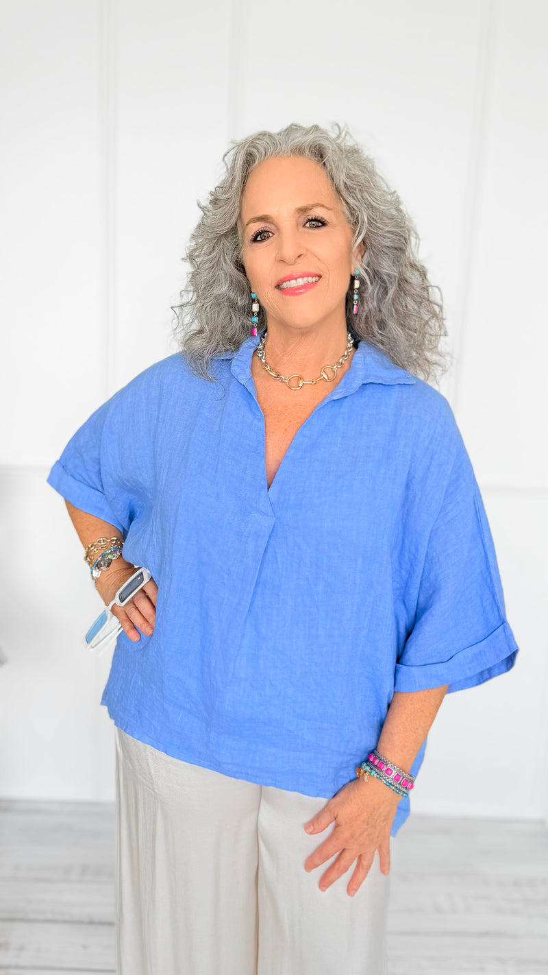 DAMAGED-Soft Days Linen Italian Button Top- Periwinkle-110 short Sleeve Top-PORCIENTO-Coastal Bloom Boutique, find the trendiest versions of the popular styles and looks Located in Indialantic, FL