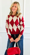 Heritage Charm Argyle Sweater - Burgundy-140 Sweaters-IRIS-Coastal Bloom Boutique, find the trendiest versions of the popular styles and looks Located in Indialantic, FL