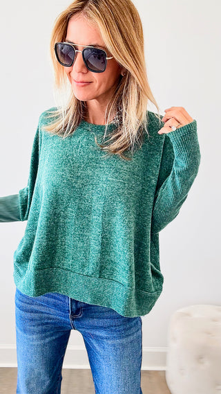 Brushed Melange Sleeve Sweater - Dark Green-130 Long Sleeve Tops-Zenana-Coastal Bloom Boutique, find the trendiest versions of the popular styles and looks Located in Indialantic, FL