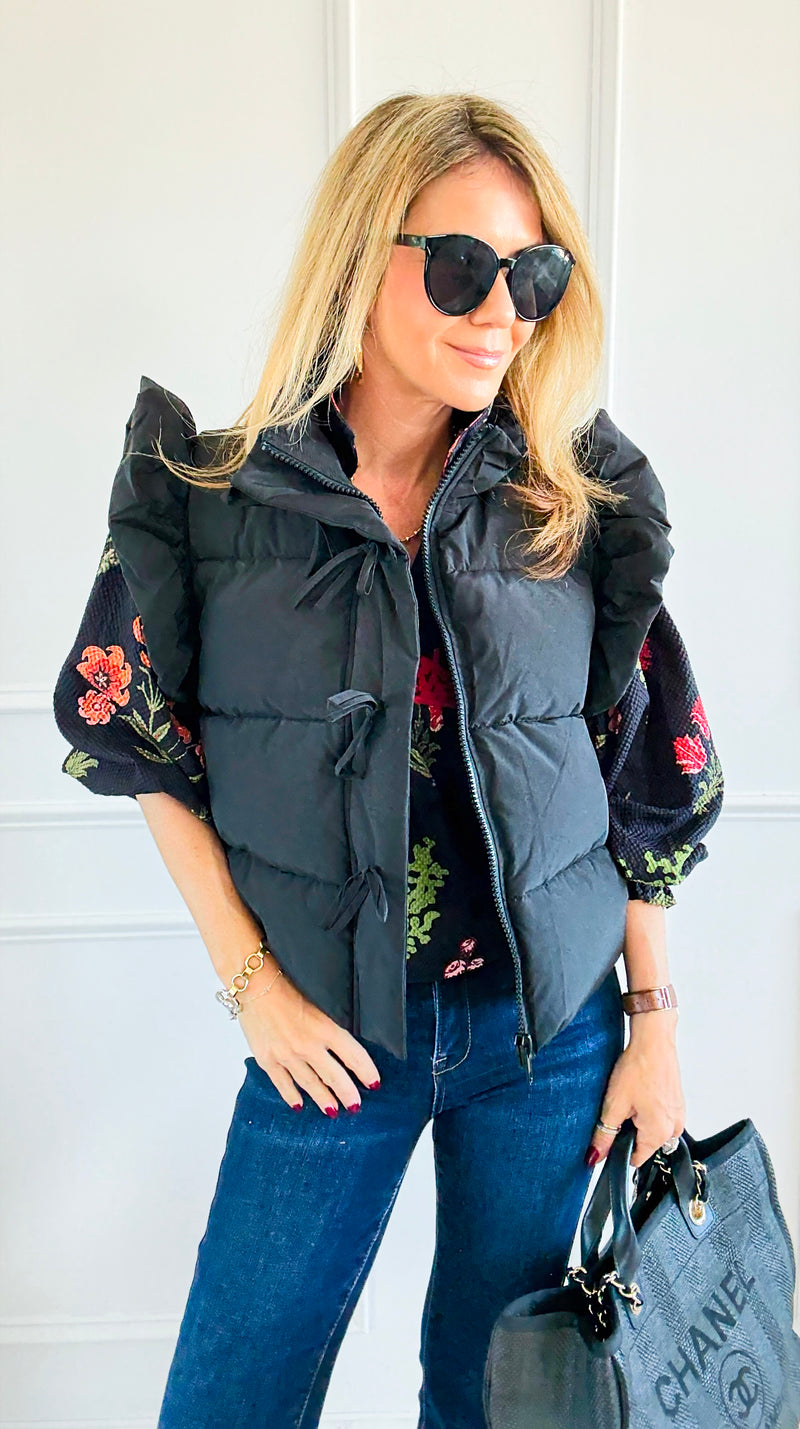 Ruffle & Ready Bow Puffer Vest - Black-vest-Jodifl-Coastal Bloom Boutique, find the trendiest versions of the popular styles and looks Located in Indialantic, FL