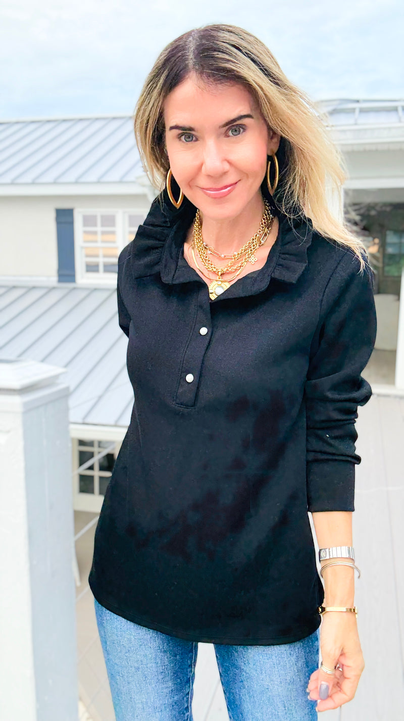 The Juliette Ruffle Long Sleeve Top- Black-110 Long Sleeve Tops-EC COLLECTION INC-Coastal Bloom Boutique, find the trendiest versions of the popular styles and looks Located in Indialantic, FL