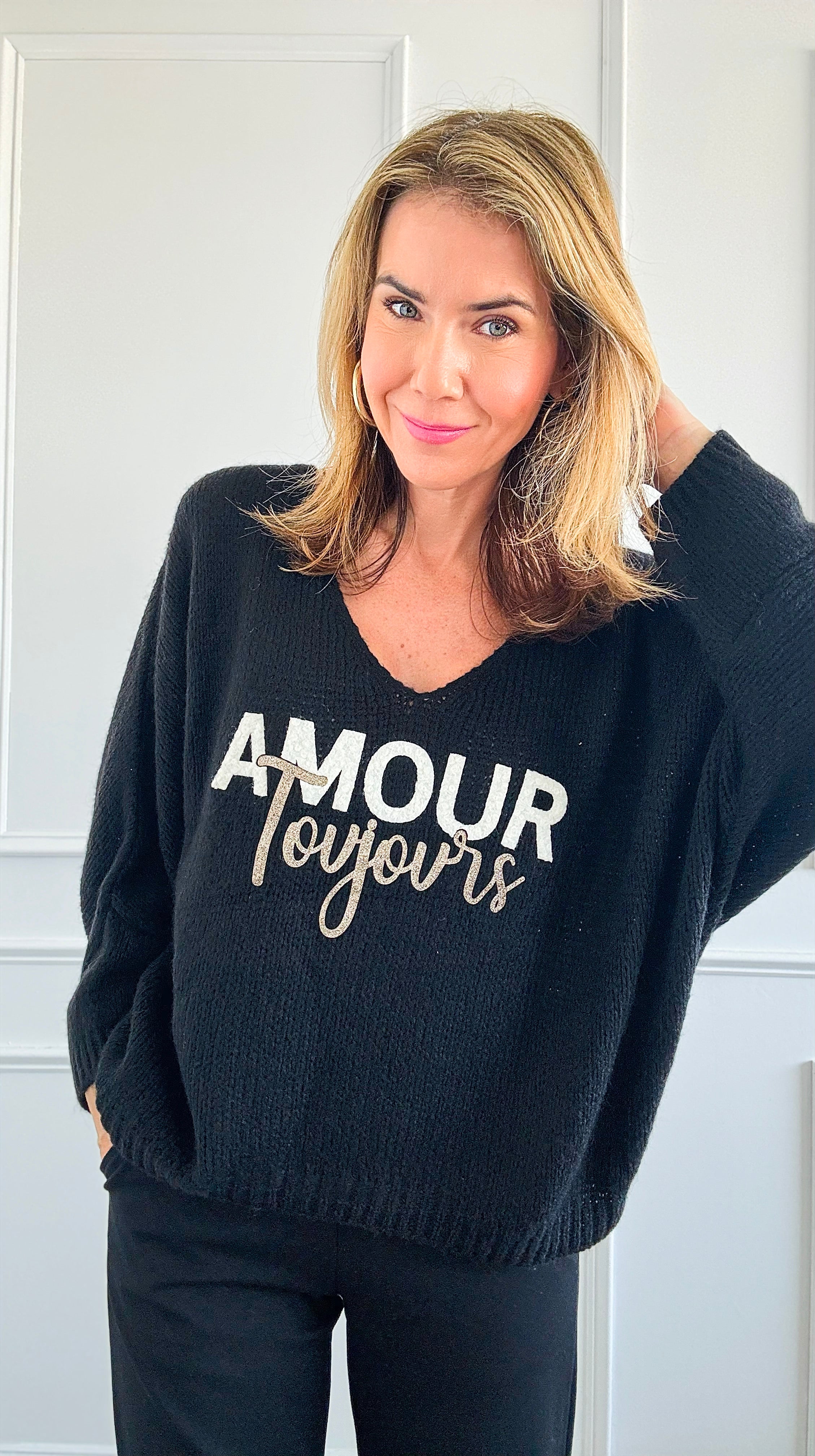 Amour Toujours V-Neck Italian Knit Sweater- Black-140 Sweaters-Italianissimo-Coastal Bloom Boutique, find the trendiest versions of the popular styles and looks Located in Indialantic, FL