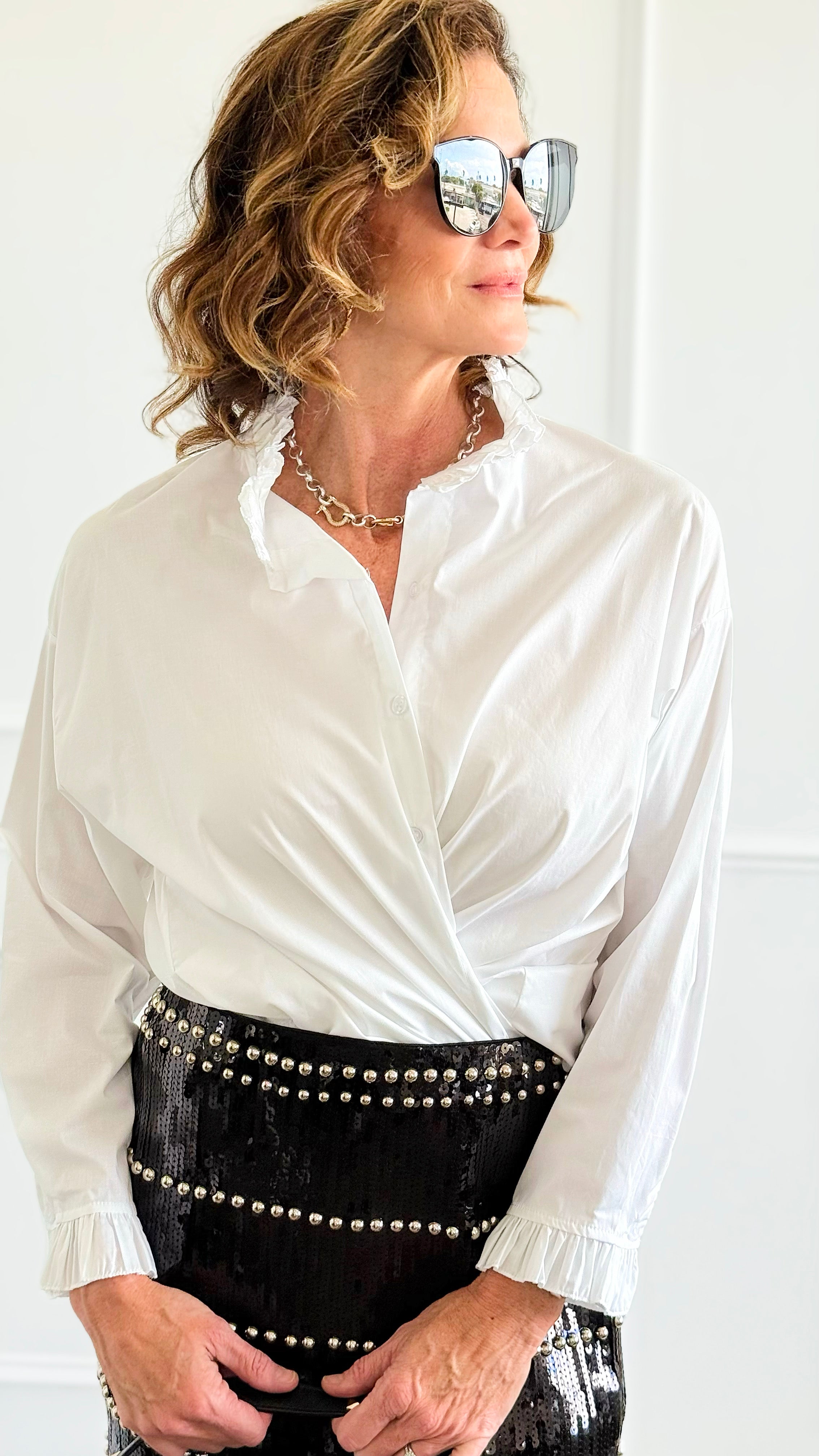 Refined Ruffle Neck Italian Blouse-110 Long Sleeve Tops-STAR SRL-Coastal Bloom Boutique, find the trendiest versions of the popular styles and looks Located in Indialantic, FL