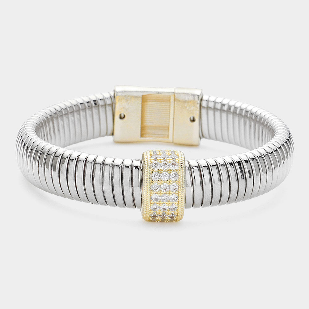 CZ Stone Paved Pointed Two Tone Coil Bangle Bracelet-230 Jewelry-NYW-Coastal Bloom Boutique, find the trendiest versions of the popular styles and looks Located in Indialantic, FL