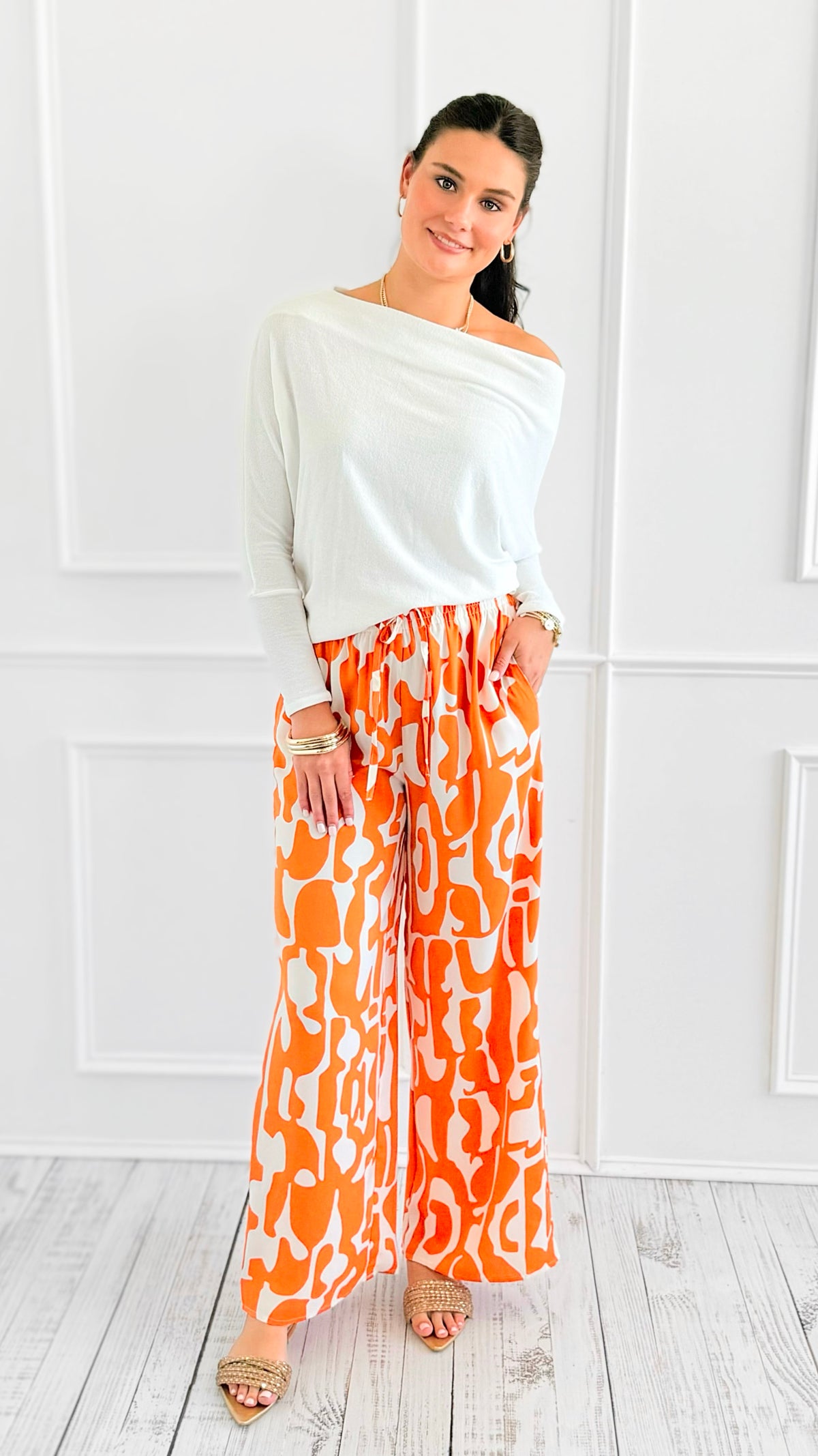 Tropic Whispers Wide Leg Pants - Orange-170 Bottoms-GIGIO-Coastal Bloom Boutique, find the trendiest versions of the popular styles and looks Located in Indialantic, FL