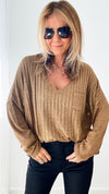 Shimmer and Shine V-Neck Italian Ribbed Pullover - Camel-140 Sweaters-Germany-Coastal Bloom Boutique, find the trendiest versions of the popular styles and looks Located in Indialantic, FL