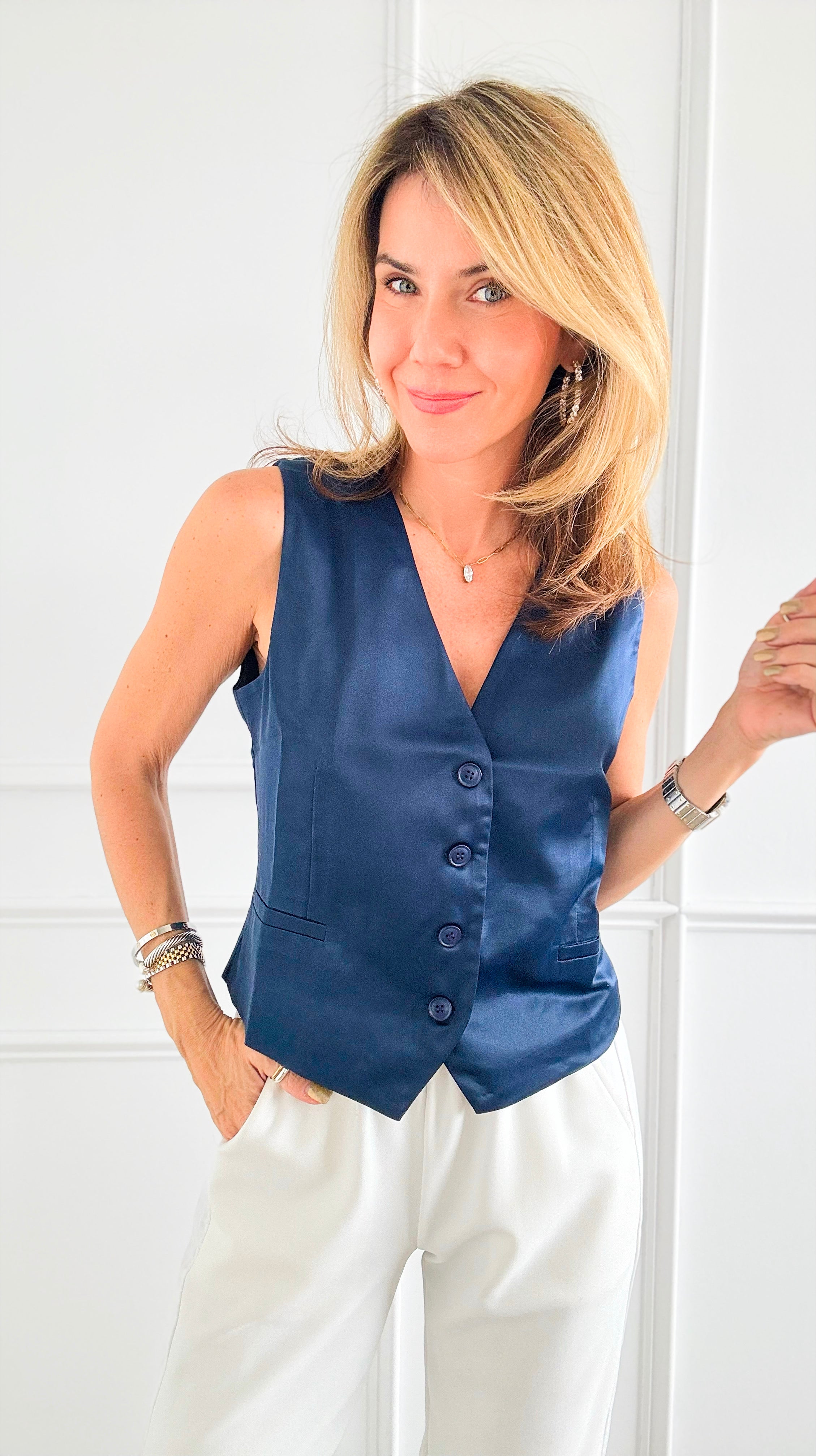 Sophisticated Satin Buttoned Vest - Navy-100 Sleeveless Tops-Must Have-Coastal Bloom Boutique, find the trendiest versions of the popular styles and looks Located in Indialantic, FL