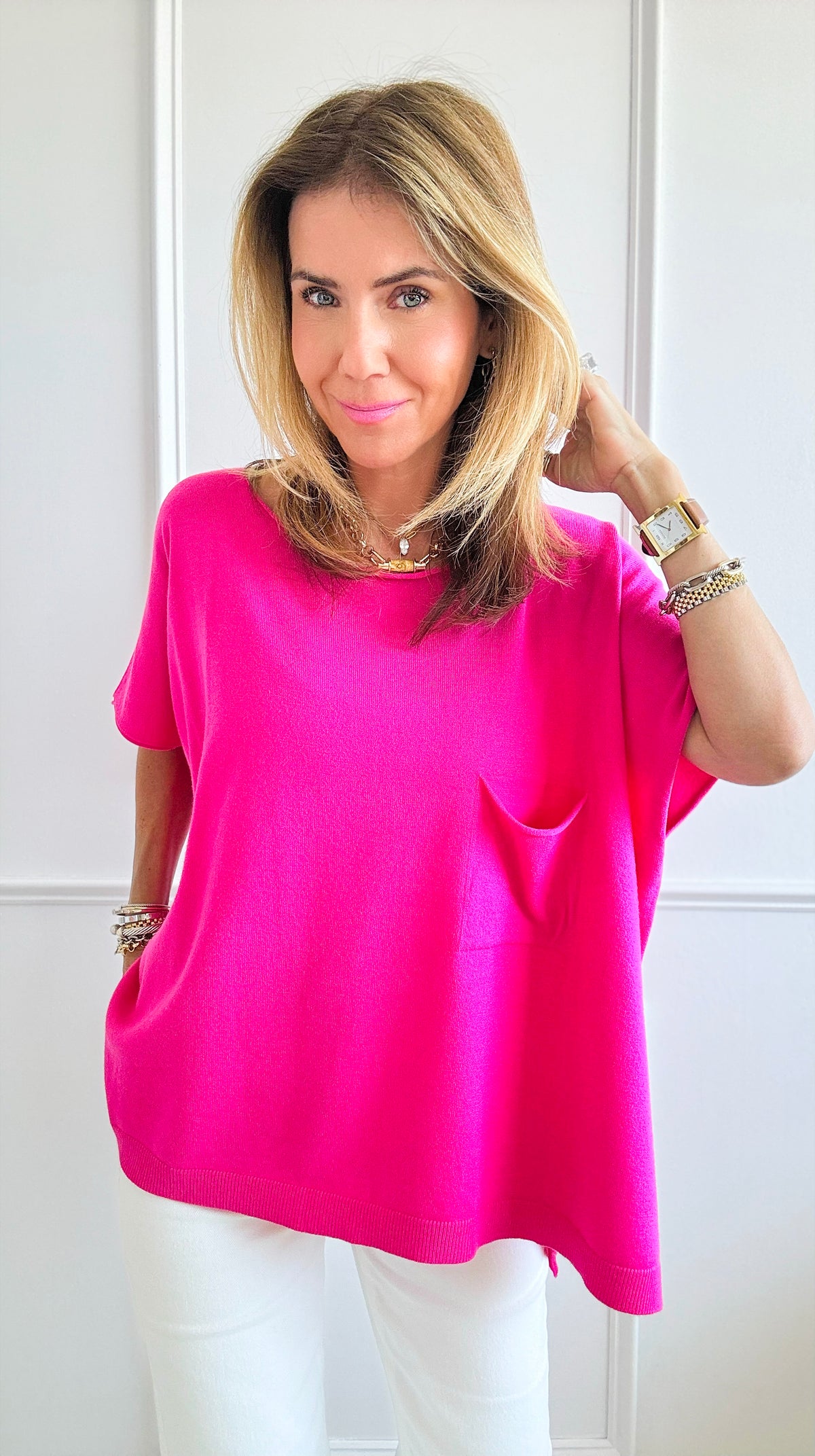 Boat Neck Relaxed Top-Fuchsia-110 Short Sleeve Tops-SO ME-Coastal Bloom Boutique, find the trendiest versions of the popular styles and looks Located in Indialantic, FL