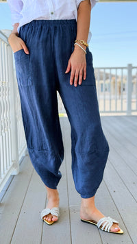 La Spezia Barrel Linen Italian Pant- Denim Blue