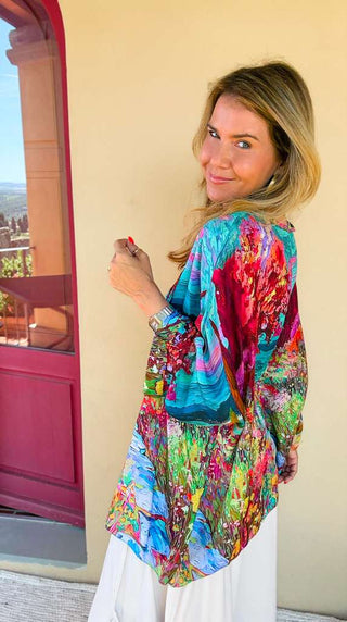 Villa In Bloom Colors Italian Blouse- Turquoise