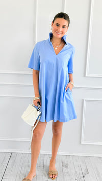 Modern Pleat Poplin Dress - Sky-200 Dresses/Jumpsuits/Rompers-Adrienne-Coastal Bloom Boutique, find the trendiest versions of the popular styles and looks Located in Indialantic, FL