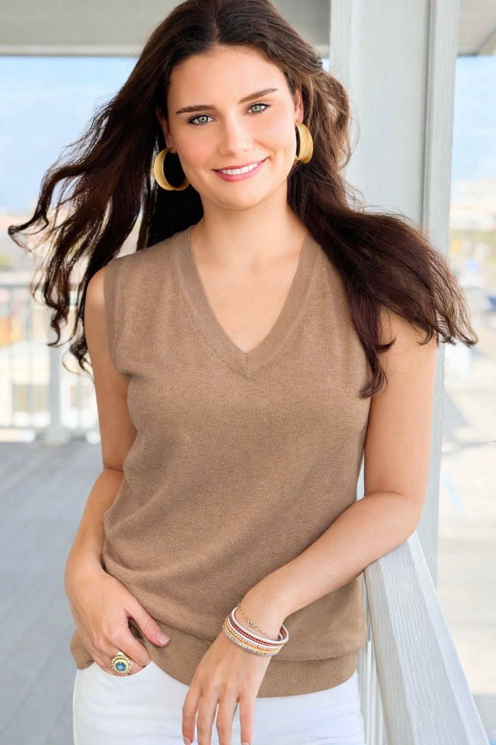 V Neck Sleeveless Sweater - Khaki