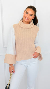 Two-Tone Turtleneck Flare Sleeve Sweater-140 Sweaters-ROUSSEAU-Coastal Bloom Boutique, find the trendiest versions of the popular styles and looks Located in Indialantic, FL