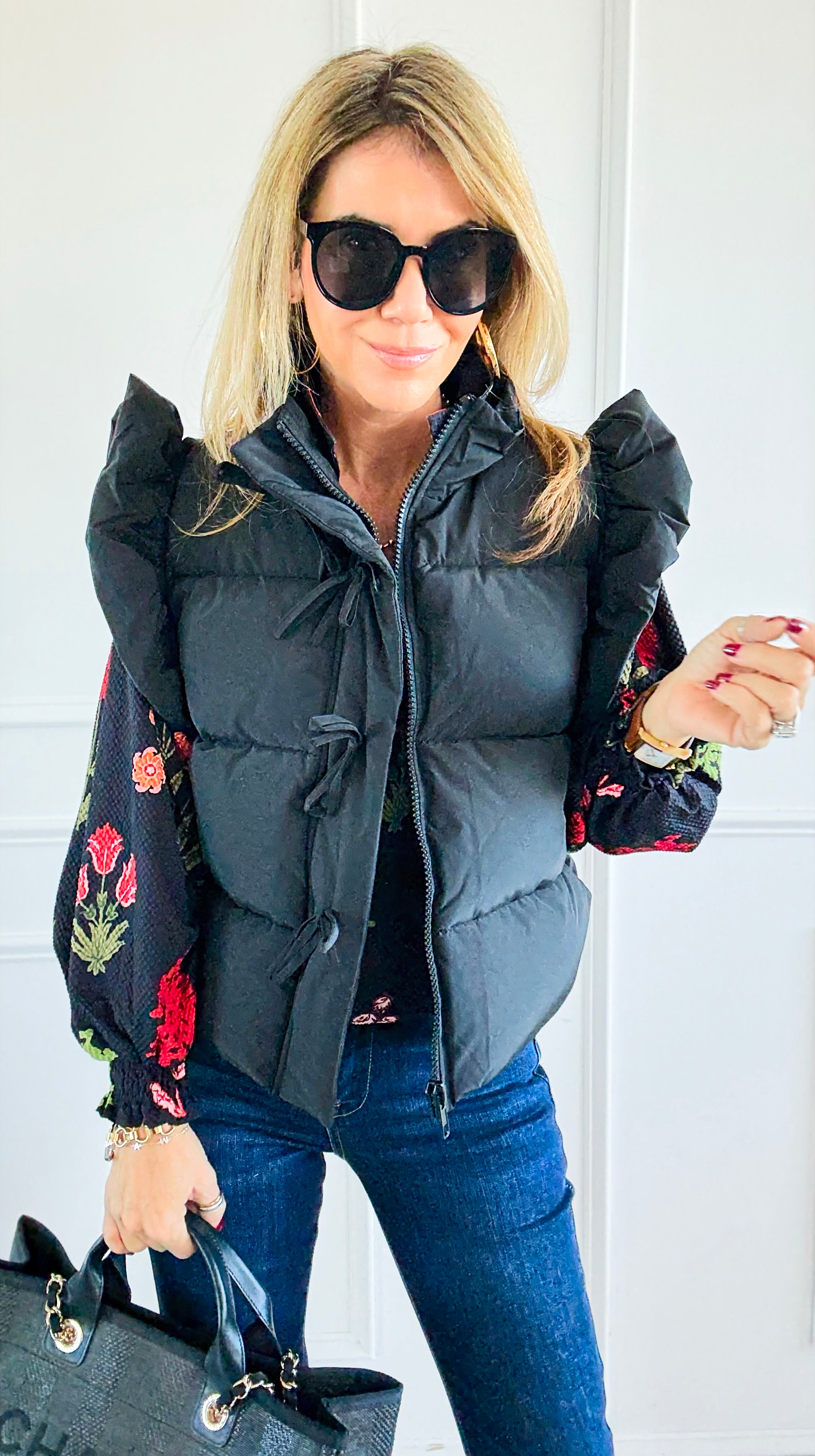 Ruffle & Ready Bow Puffer Vest - Black-vest-Jodifl-Coastal Bloom Boutique, find the trendiest versions of the popular styles and looks Located in Indialantic, FL