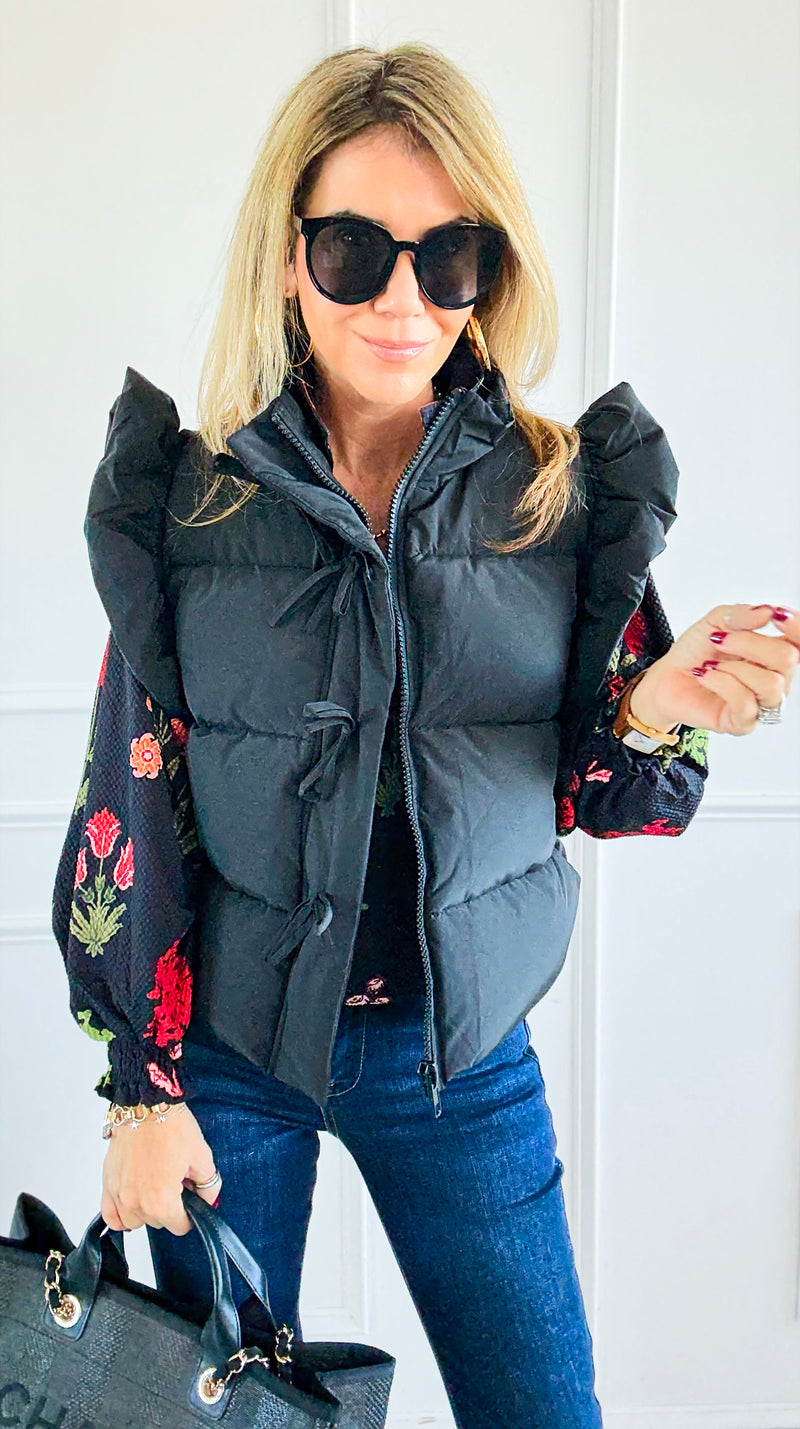 Ruffle & Ready Bow Puffer Vest - Black-vest-Jodifl-Coastal Bloom Boutique, find the trendiest versions of the popular styles and looks Located in Indialantic, FL