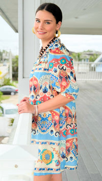 Sunlit Mosaic Ruffle Tie Dress