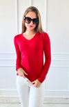 V-Neck Anniston Microfiber Tee - Ruby-130 Long Sleeve Tops-Zenana-Coastal Bloom Boutique, find the trendiest versions of the popular styles and looks Located in Indialantic, FL