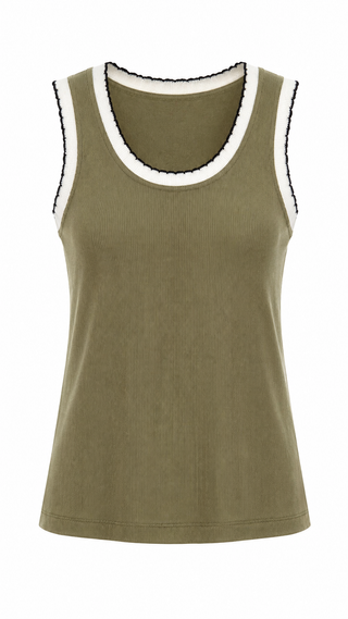 Perfectly Trimmed Italian Tank Top - Olive/Brown
