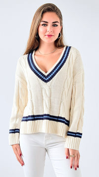 Varsity Charm Knit Sweater-140 Sweaters-SUGARLIPS-Coastal Bloom Boutique, find the trendiest versions of the popular styles and looks Located in Indialantic, FL