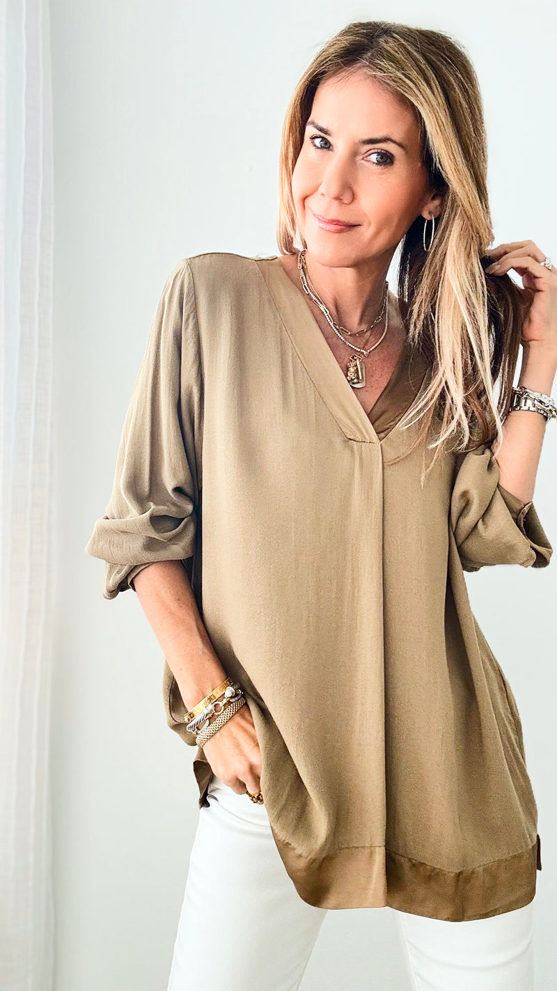 Satin Trim Italian Blouse - Gold-130 Long Sleeve Tops-Germany-Coastal Bloom Boutique, find the trendiest versions of the popular styles and looks Located in Indialantic, FL