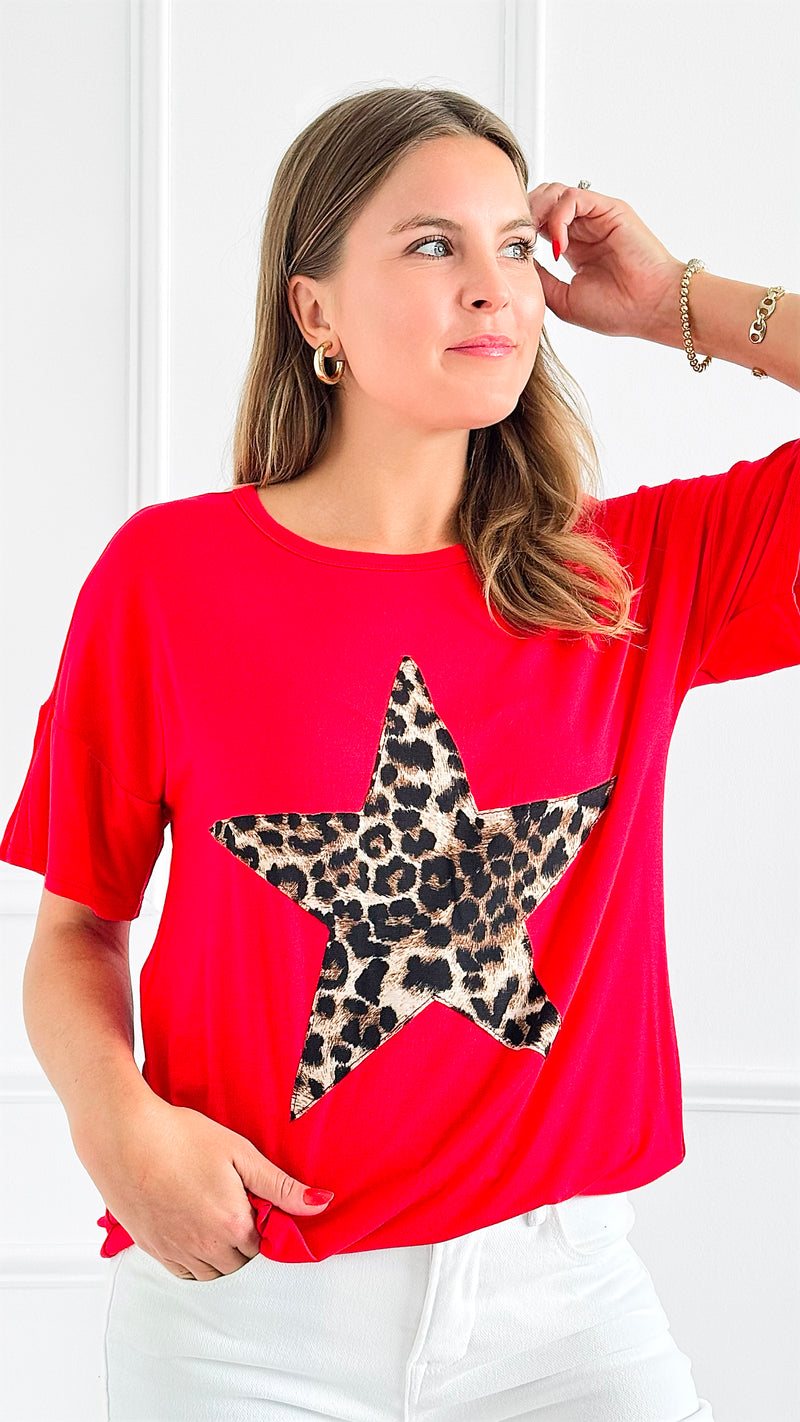 Star Power Leopard Top - Red-110 Short Sleeve Tops-Heimish-Coastal Bloom Boutique, find the trendiest versions of the popular styles and looks Located in Indialantic, FL