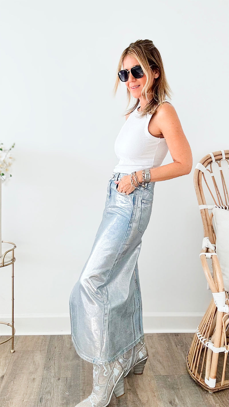 Metallic Denim Skirt - Blue/Silver-170 Bottoms-MISS LOVE-Coastal Bloom Boutique, find the trendiest versions of the popular styles and looks Located in Indialantic, FL