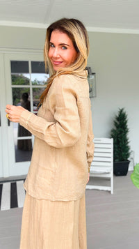Tuscany Linen Italian Button Top- Light Camel