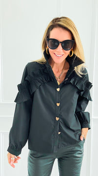 Ruffle Detail Button Down Blouse-130 Long Sleeve Tops-PASTEL DESIGN-Coastal Bloom Boutique, find the trendiest versions of the popular styles and looks Located in Indialantic, FL